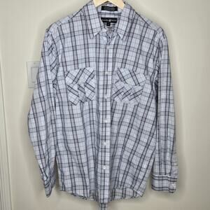 Beverly Hills Polo Club Blue Plaid Longsleeve Button Front Breast Pockets Sz L